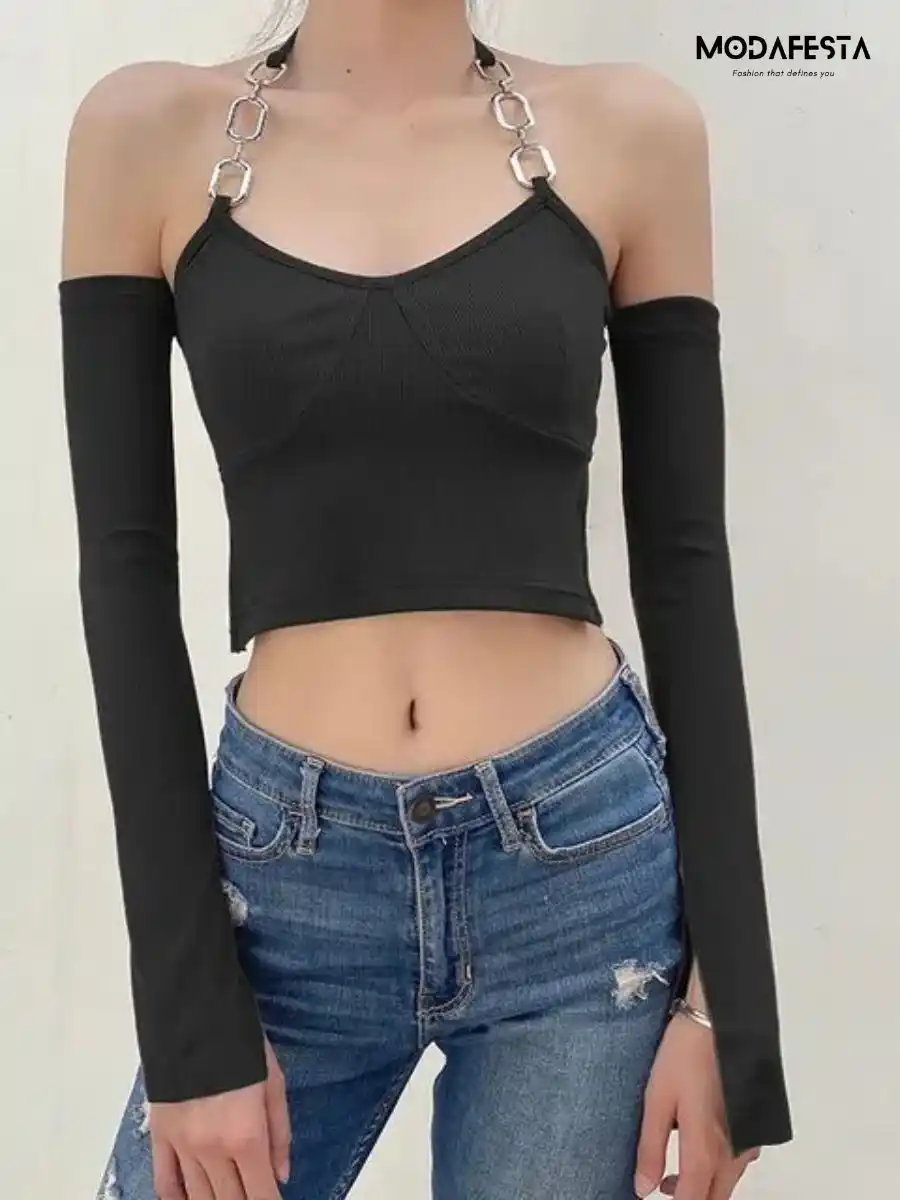 Chain-Strap Halter-Neck Crop Camisole Top  Arm Sleeves